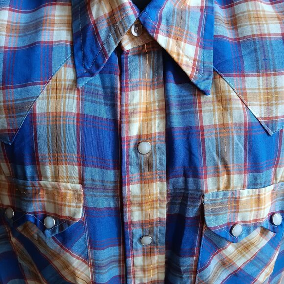 Large Vintage Western Shirt Mens Shiny Gold Plaid Ultra Thin 16.5 34 Dee Cee 80s - Picture 2 of 10